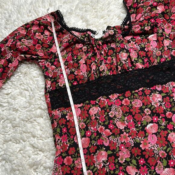 Pink and Black Y2K Long Sleeve Semi Sheer Long Sleeve Floral Square Neck ST20 - Picture 6 of 9